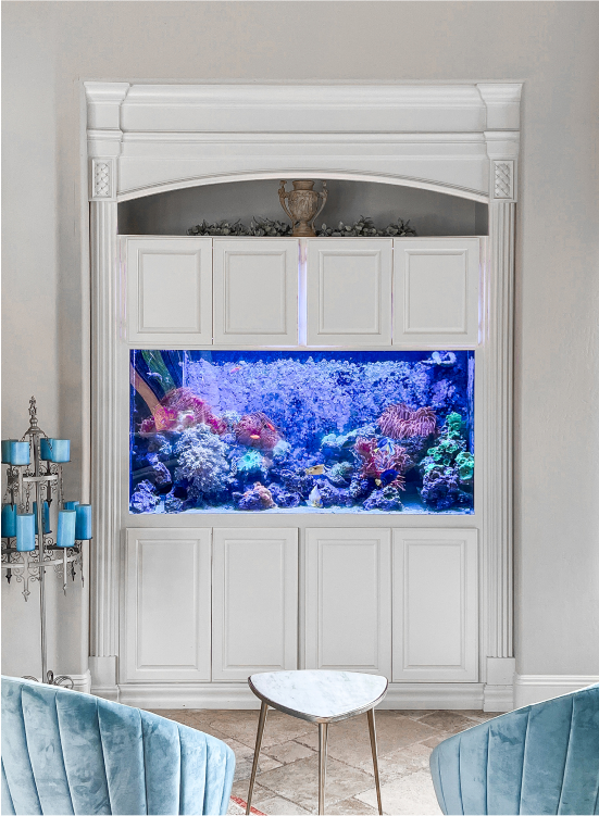 Built-in reef aquarium integrated into white living room cabinetry